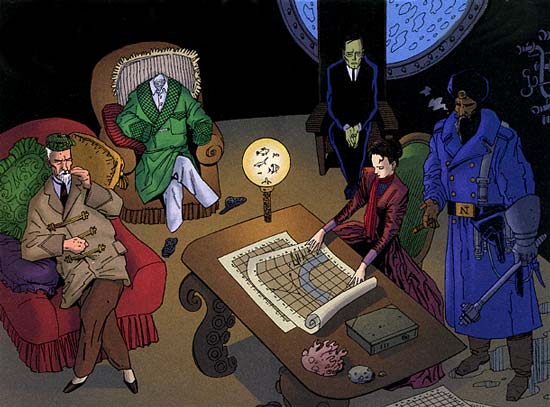 from left to right: Quatermain, Griffin, Jekyll, Miss Murray, Nemo.